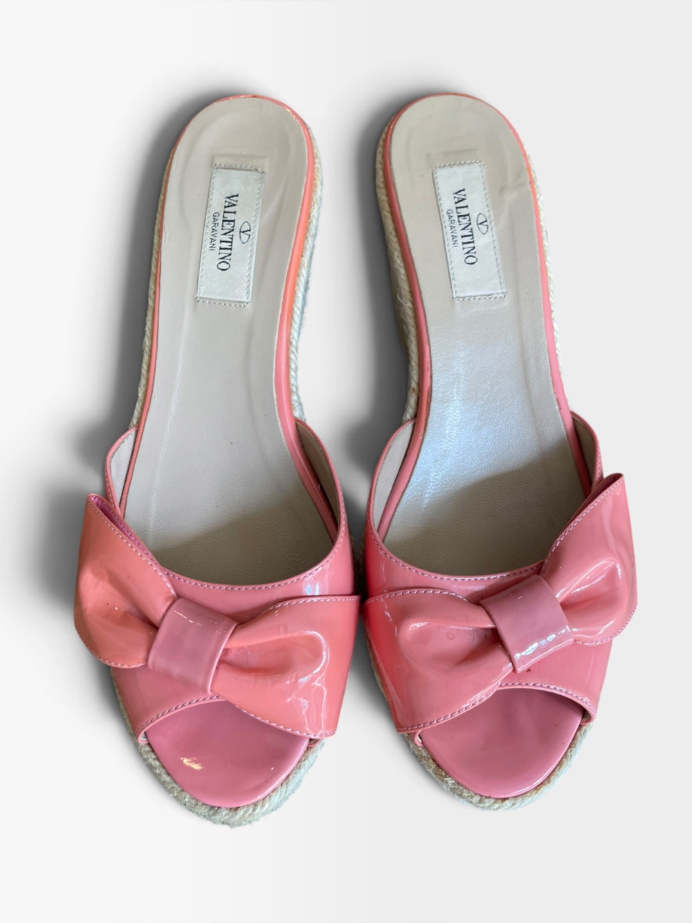 Valentino Mena Bow Patent Leather Wedge Espadrille Womens 8.5 39 Slide Sandals